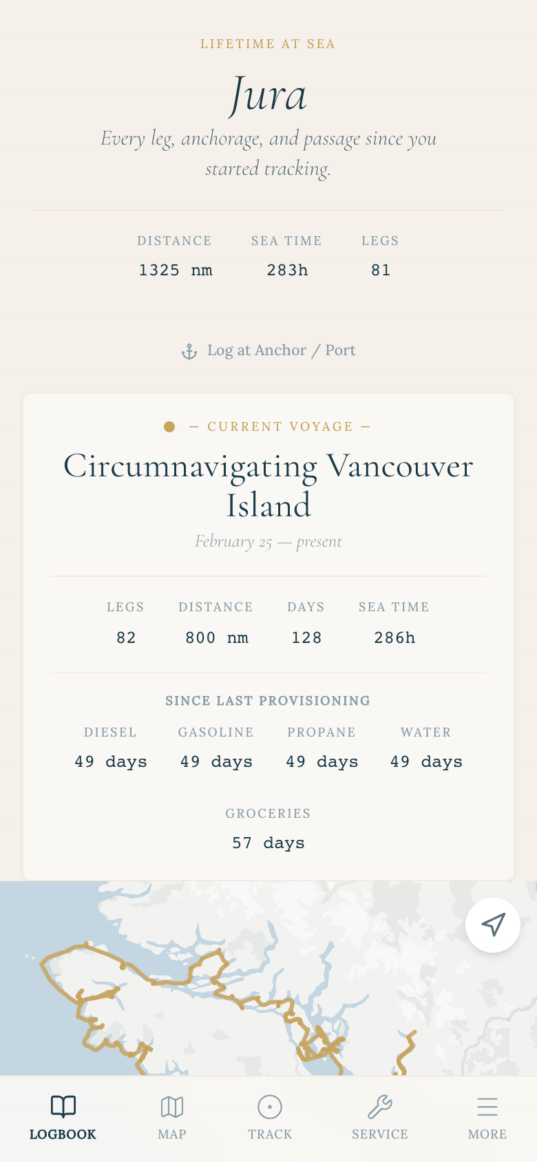The Jura Log home screen: lifetime totals for Jura and the current voyage, Circumnavigating Vancouver Island